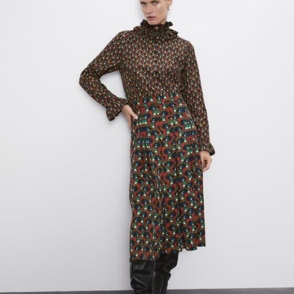 Zara Geometric Pleated Midi Skirt Brown Pattern Plus Size XXL - Picture 4 of 11